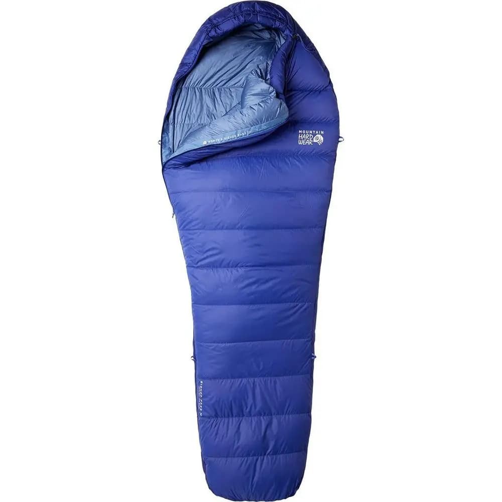 Sacco a pelo Bishop Pass 15F in piuma da donna, stampa blu, cerniera a destra