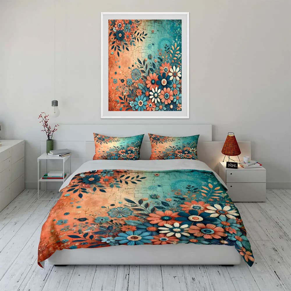 Set di biancheria da letto floreale vintage da 3 pezzi, copripiumino con stampa margherita blu e arancione Boho, regalo per bambini e adulti