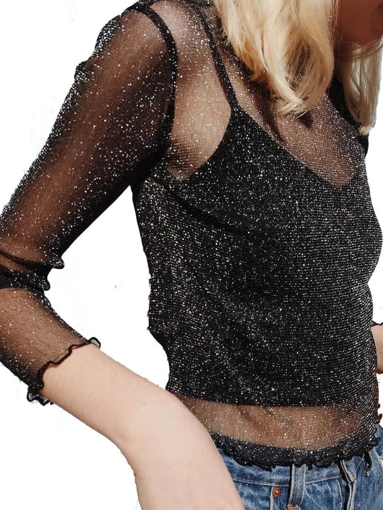 Maglietta a maniche lunghe in rete Sexy maglietta nera da donna estiva trasparente per Club Party Cutely Thin O Neck Short Tops
