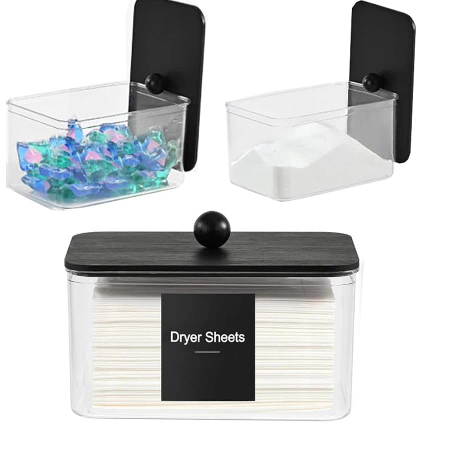 Contenitore trasparente per il bagno, porta fogli per asciugatrice in acrilico con etichette per coperchio, dispenser per ammorbidente, organizzazione della lavanderia