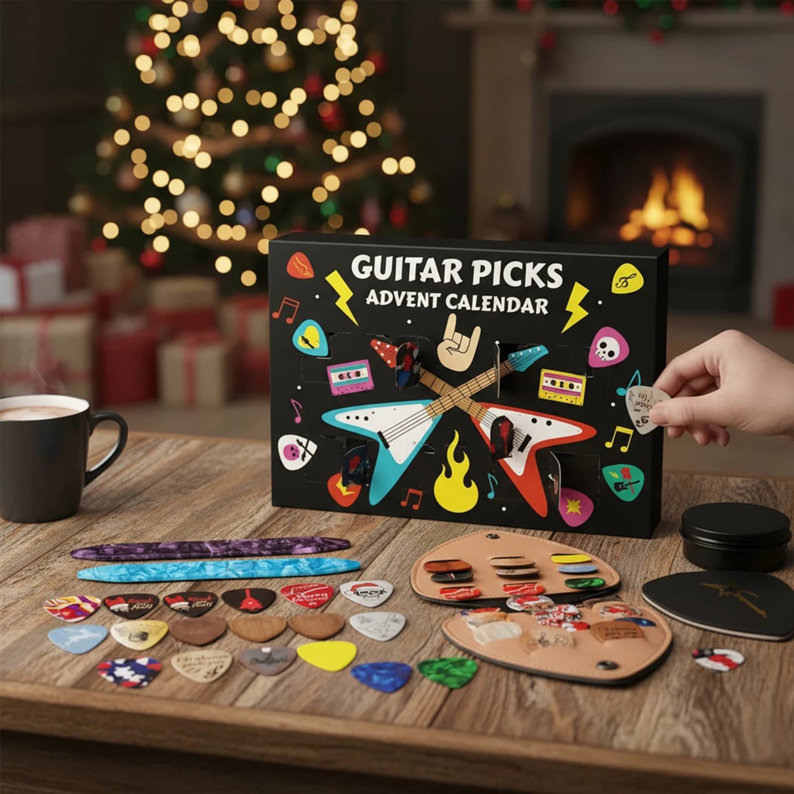 Plettri per chitarra Calendario dell'Avvento Calendario a sorpresa 2025 con plettri in celluloide e legno Regalo di festa per giocatori di chitarra, basso e ukulele
