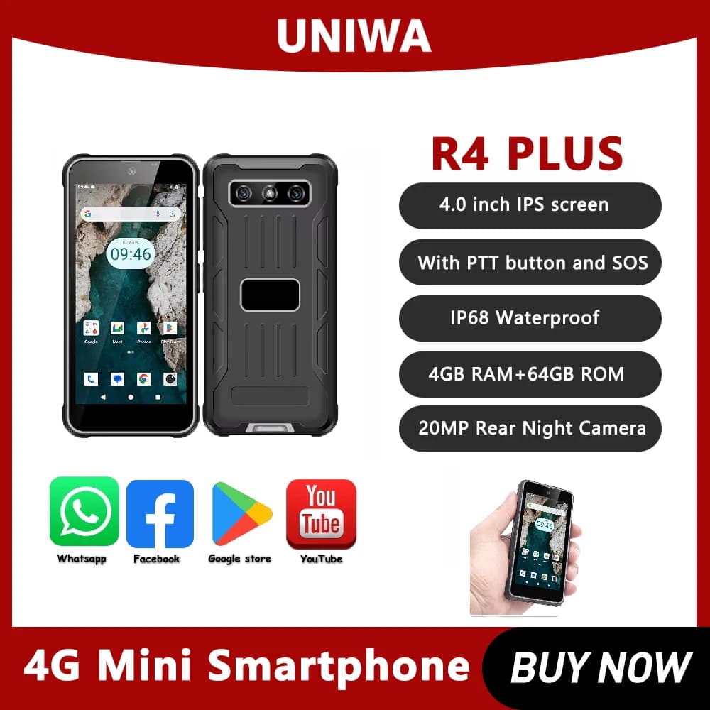 UNIWA R4-Plus Mini Smartphone Android 14 4 GB di RAM + 64 GB di ROM Mini telefono robusto NFC da 4 pollici con telecamera per visione notturna 3000 mAh OTG PTT
