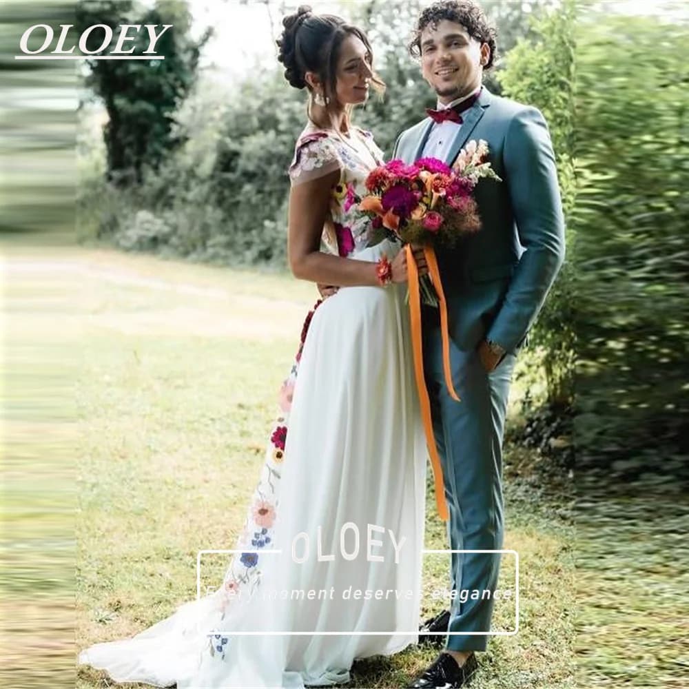 OLOEY Abito da sposa floreale 3D colorato con fiori, senza schienale, maniche a cappuccio, scollo a V, linea ad A, ricamato, personalizzabile