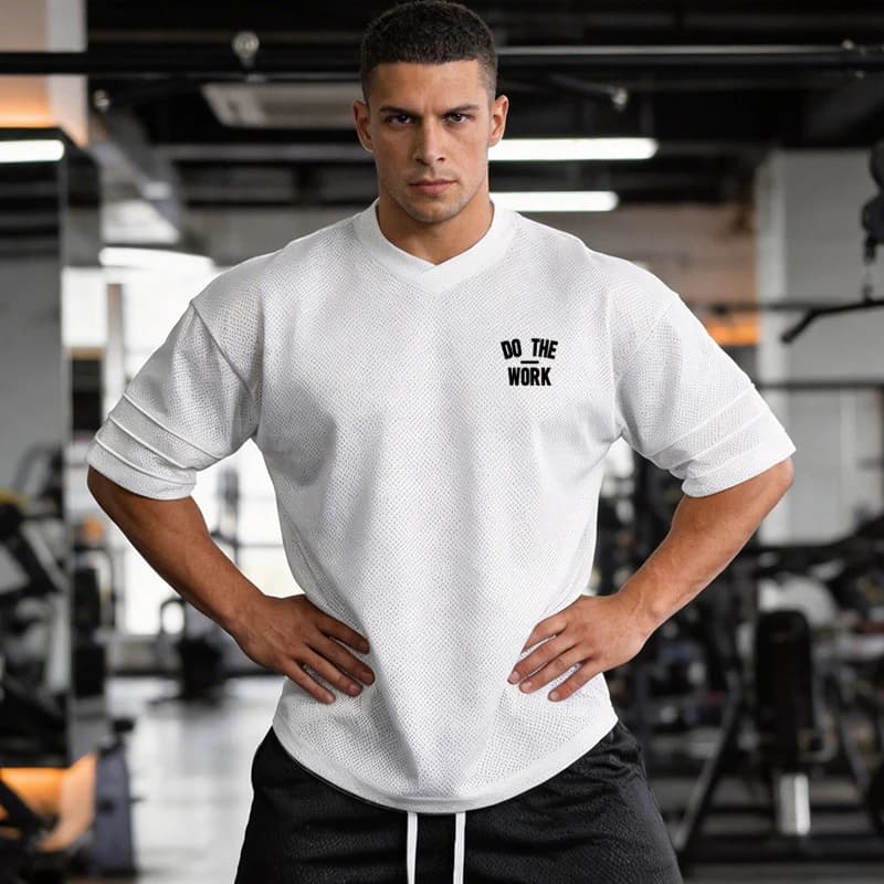 T-shirt da corsa da uomo oversize con scollo a V, a mezza manica, estiva, in mesh, vestibilità ampia, spalle scese, per palestra, sport e fitness