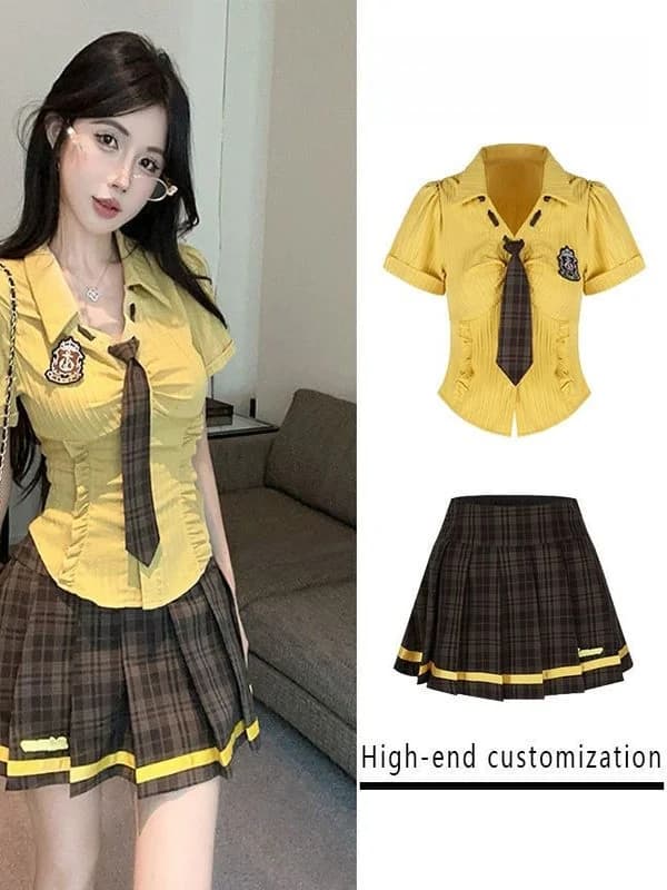 Complete with sweet and spicy girl: tight waist blouse and pleated skirt, school uniform style JK, fashionable summer outfit for women