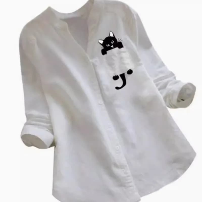 2025 estate donna nuovo arrivo bottoni camicetta top tinta unita simpatico gatto stampa camicette camicia casual a maniche lunghe allentata streetwear