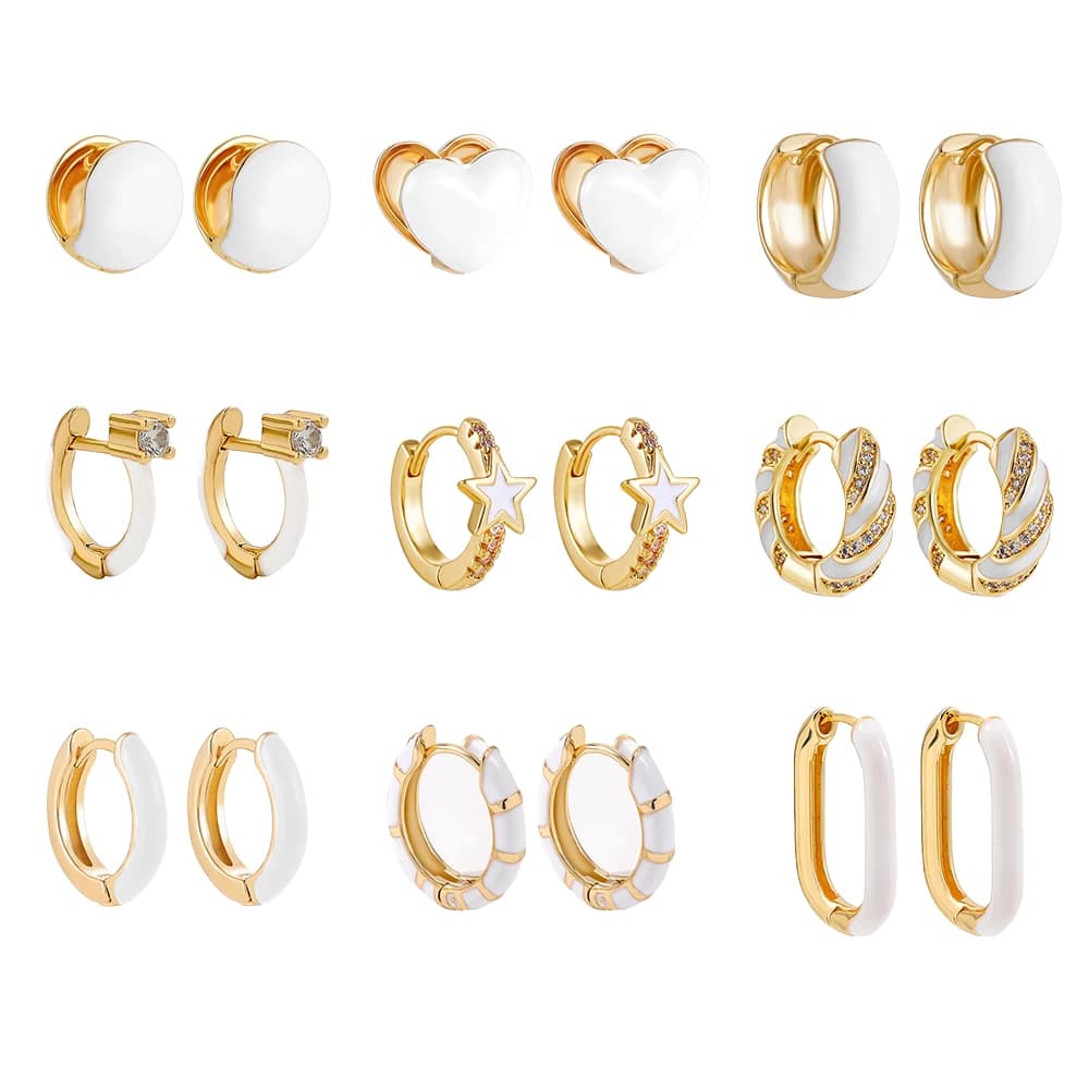 Trendy White Enamel Round Earring Hoops for Women CZ Zircon Geometric Star Heart Huggie Earring Party Jewelry Gifts