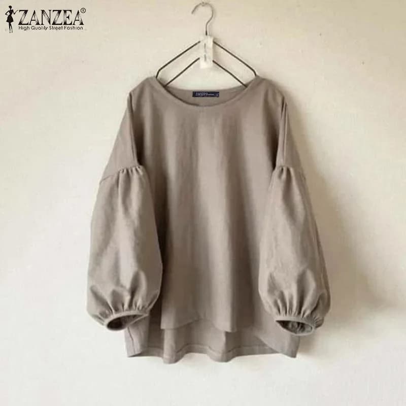 ZANZEA Women's casual shirts strong sizes with lantern sleeves, crew neck, solid color, asymmetrical tops, springs, minimalist, Blusas de Mujer 5XL