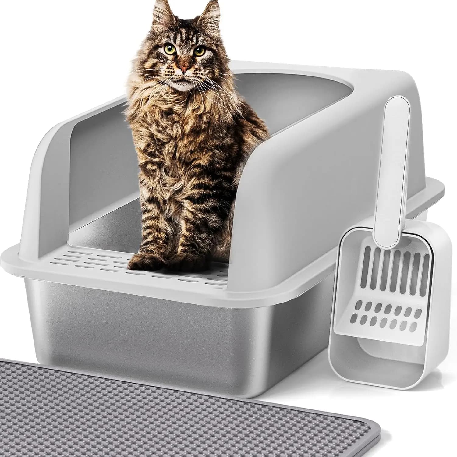 Lettiera per Gatti Extra Large in Acciaio Inossidabile con Coperchio, Design a Bordi Alti per Prevenire le Perdite, Include Tappetino e Paletta
