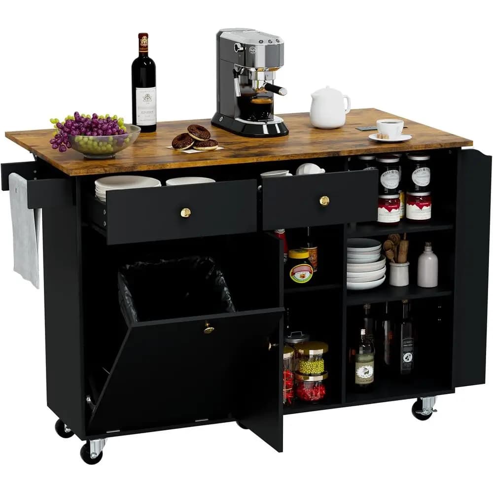 Isola da Cucina 50.4 con Spazio di Archiviazione, Tavolo Girevole, Presa di Corrente, Ripiano Ribaltabile, Contenitore per Rifiuti, Porta Spezie, Portasciugamani e Finitura Nera