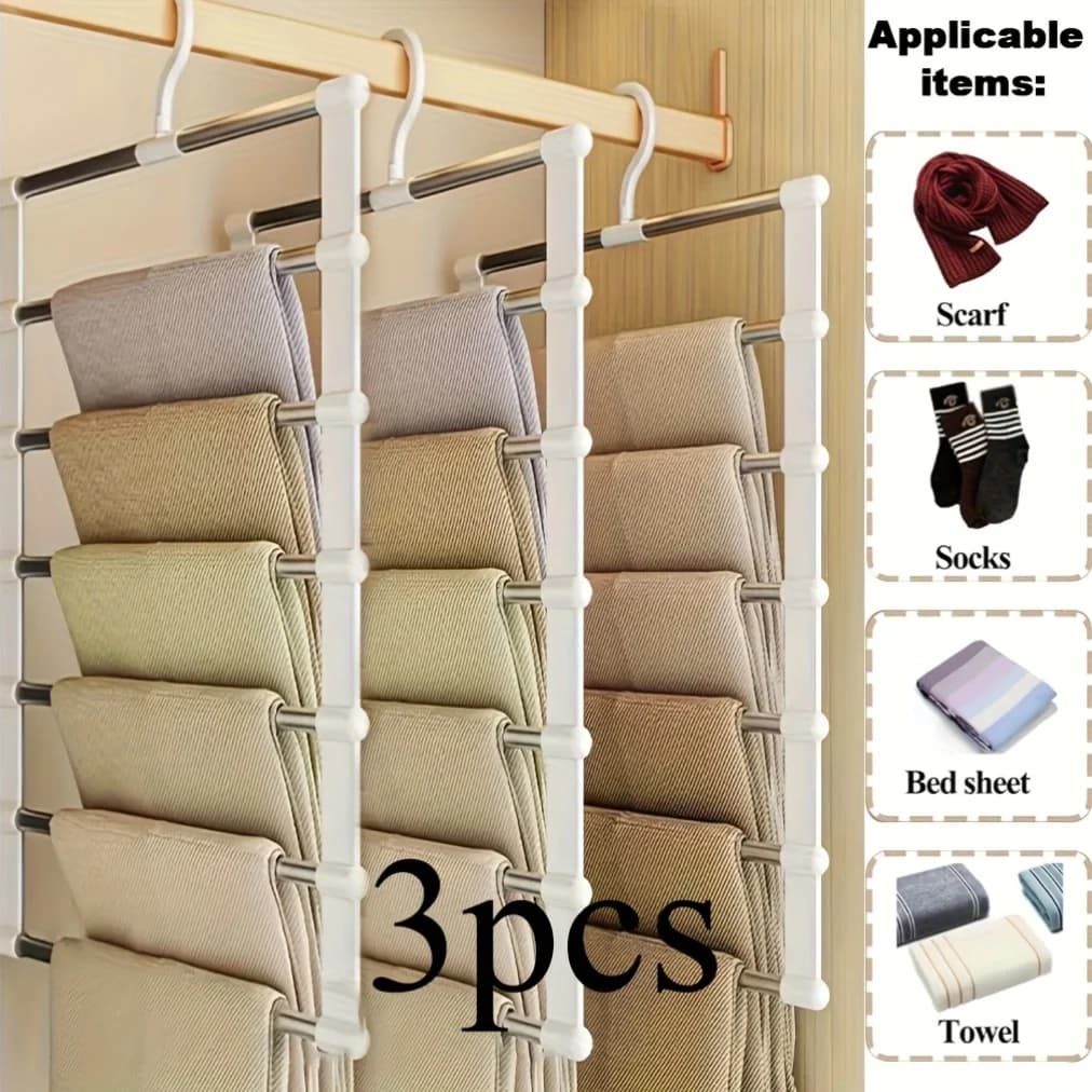 3Pcs Collapsible Multi-Tier Pants Hangers, Stainless Steel Non-Slip, Space Saving for Jeans Shirts Towels, Home & Retail