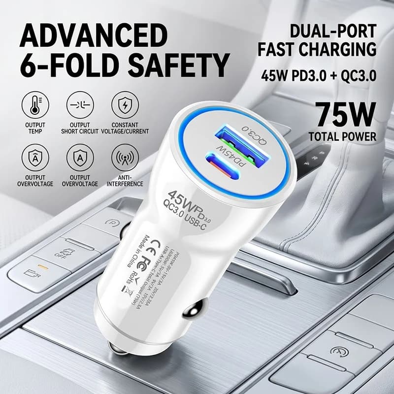 Universal 45W PD Car Charger QC3.0 Dual USB Port Fast Charging Adapter Blue LED Wide Voltage Auto Power Supply For Cellphones