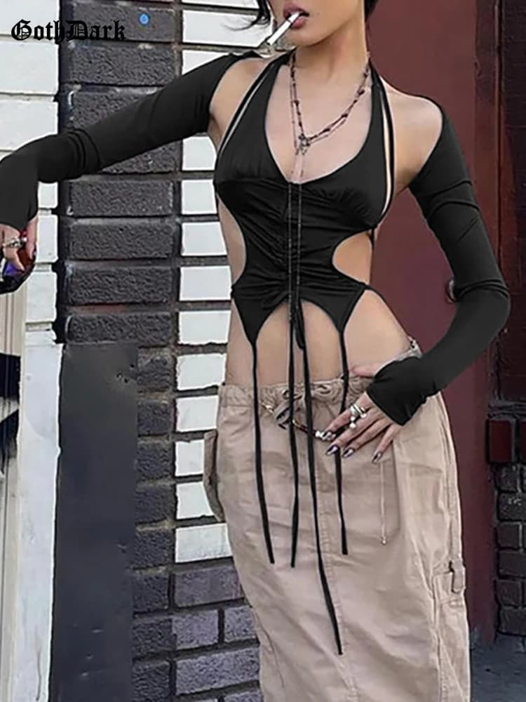 Goth Dark Y2k Punk Coulisse Fasciatura Sexy Camis Techwear Backless Manica lunga Crop Top Donna Aderente Estate Streetwear 2Pc Set