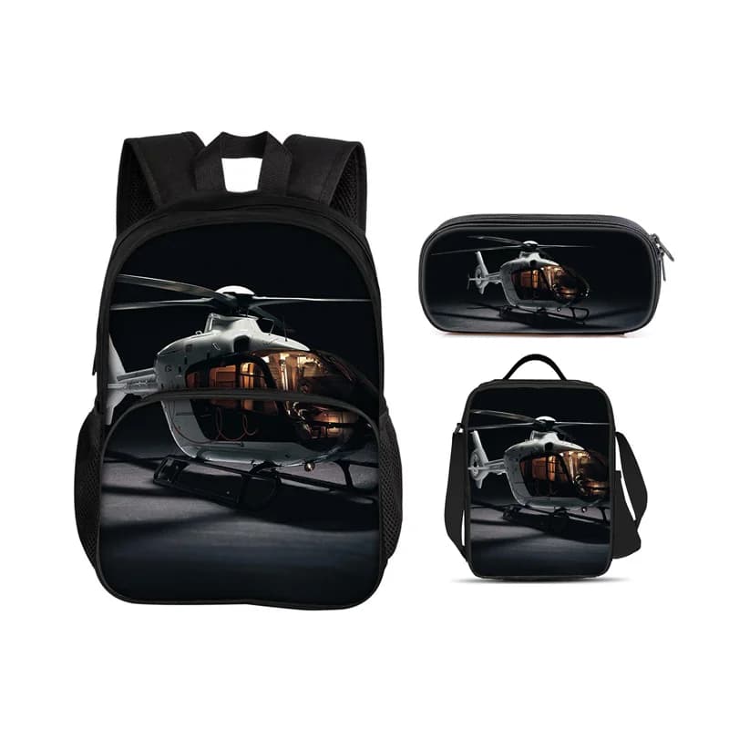 Helicopter round front bag backpack, pencil case, ice pack, 3Pcs Set, mechanical printing best gift for boys and girls in school
