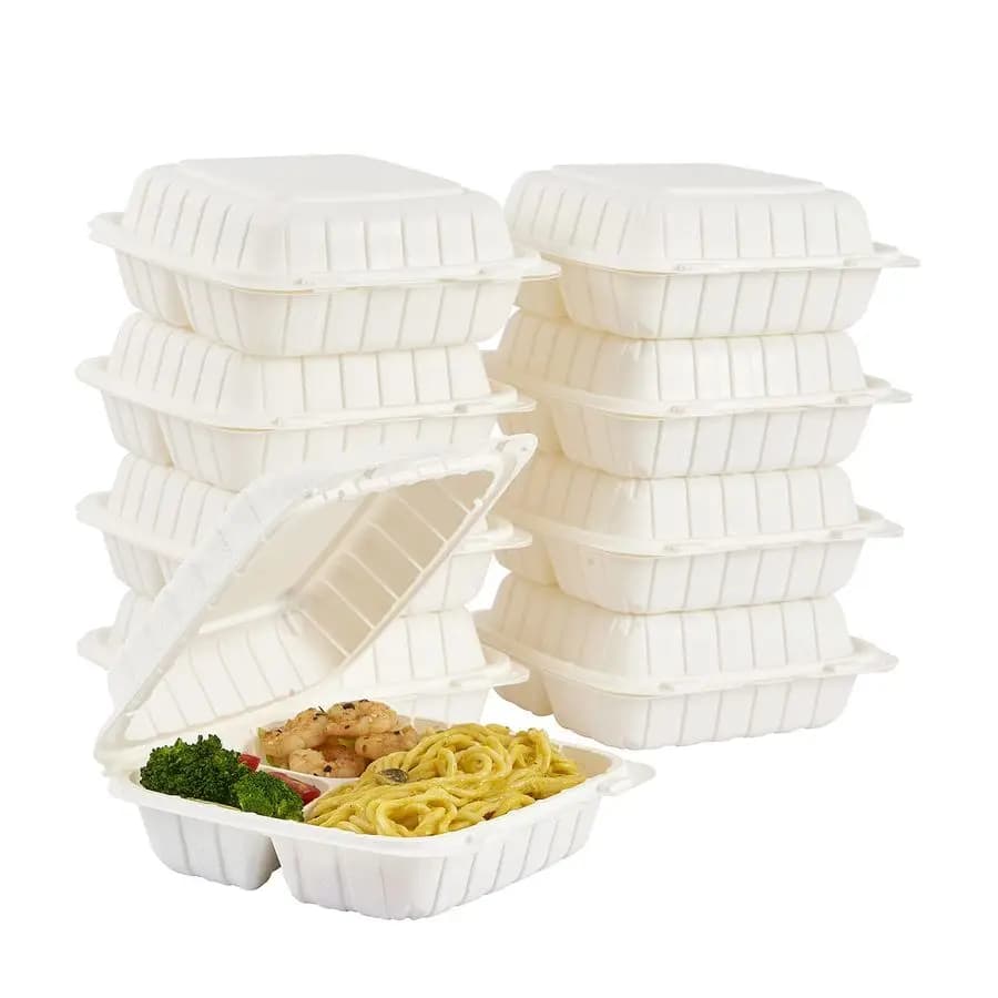 3 compartment plastic carry food containers, 50-piece packaging, durable, disposable, for cakes, sandwiches, salads.