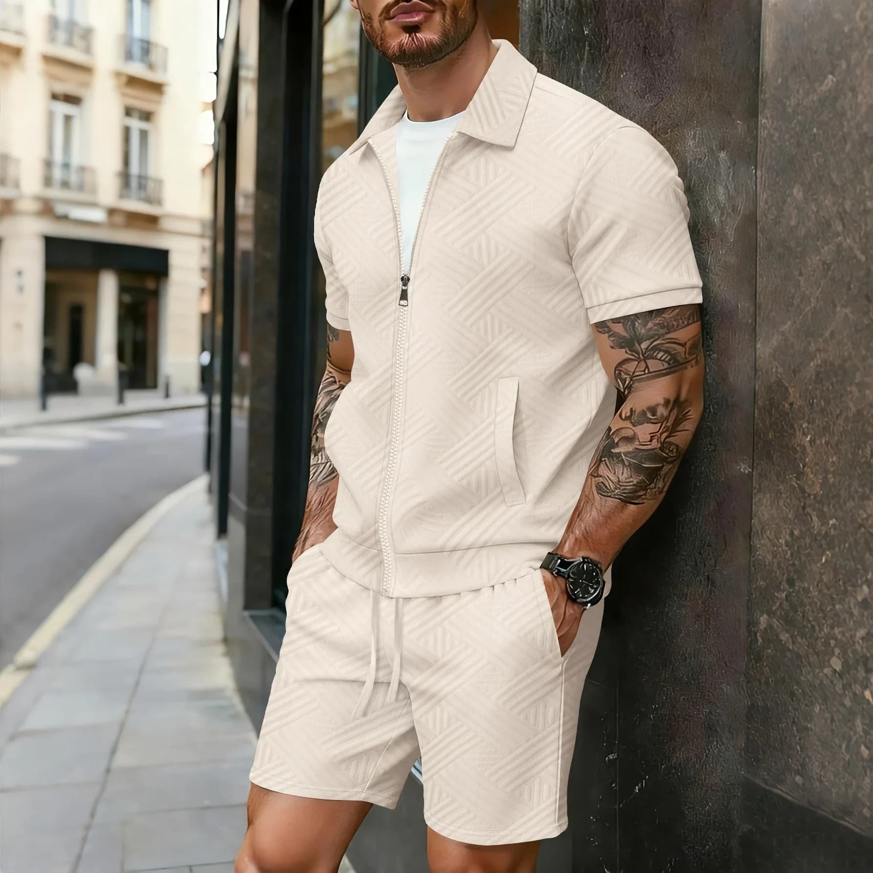 2026 Men's Summer Geometric Textured 2 Piece Set Short Sleeve Zip Up Shirt & Drawstring Shorts Tracksuit
