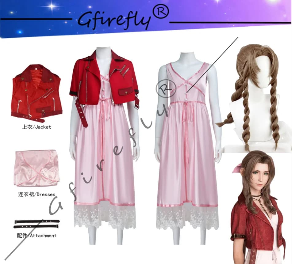 Gioco Final Fantasy VII Aerith Gainsborough Costume Cosplay FF7 Personaggio Abito rosa Cappotto Parrucca Set Costume da festa di Halloween