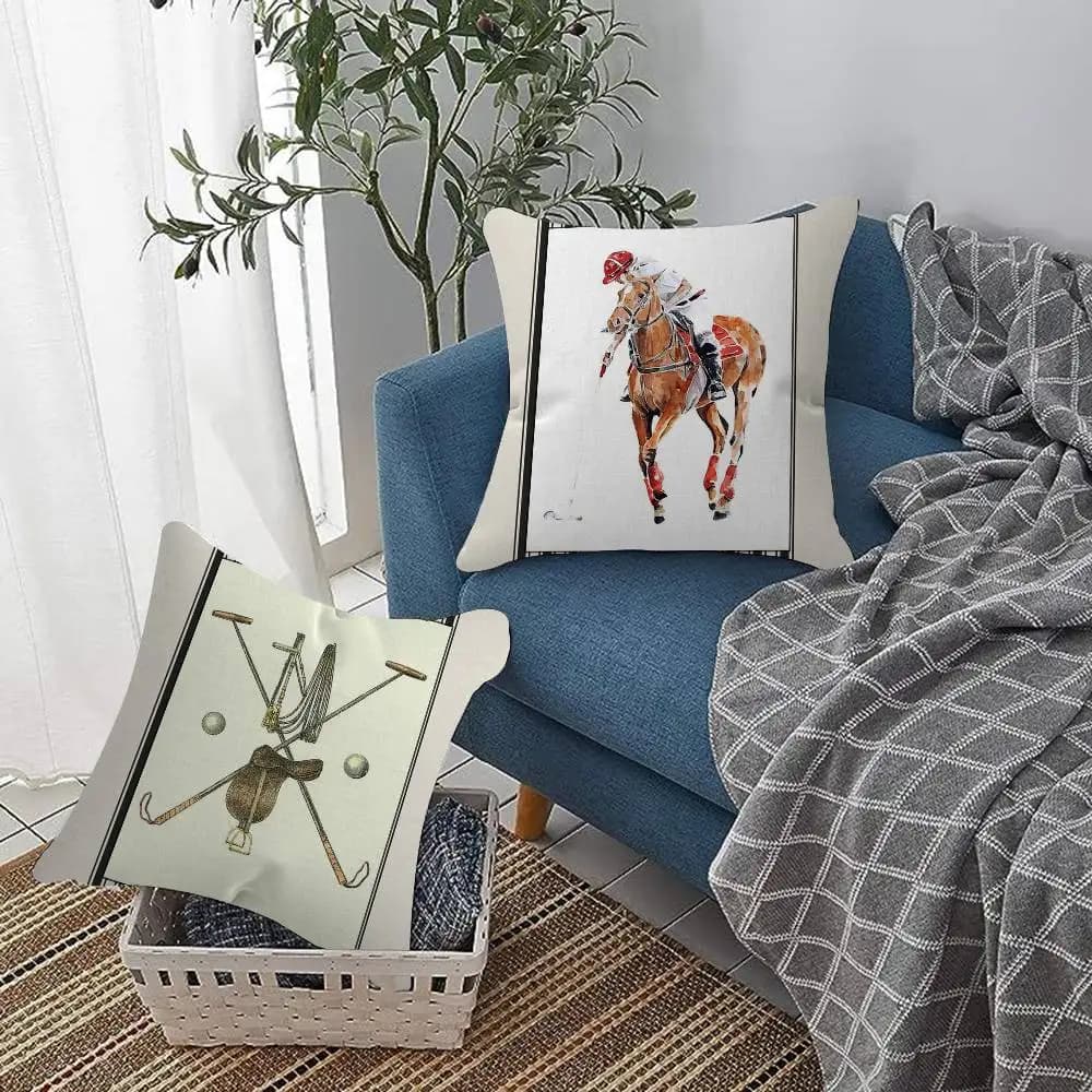 Fodere per cuscini decorativi per divano a tema equitazione tradizionale, stampa fronte-retro in peluche corto