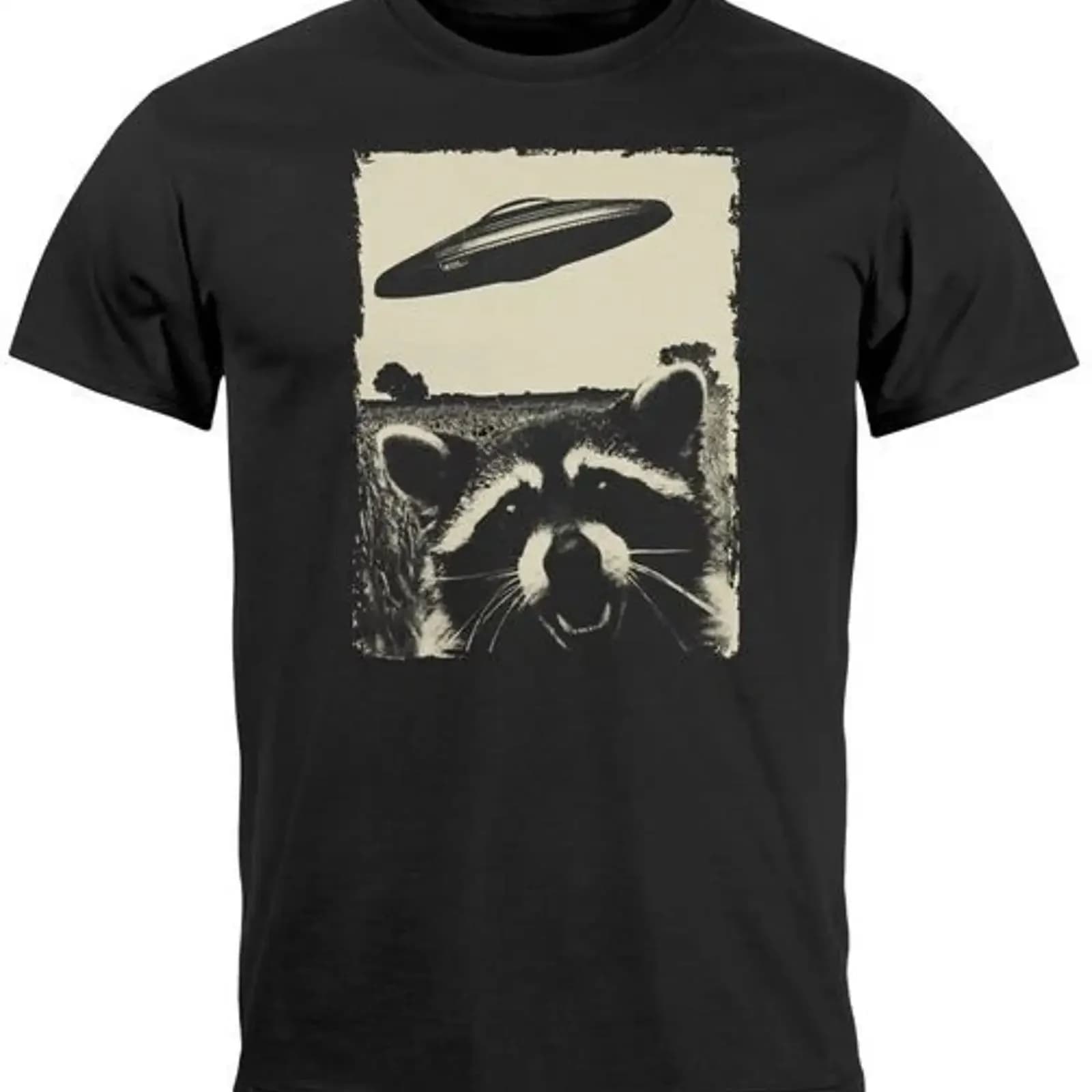 T-shirt da uomo UFO Orso da montagna Alieni Stampa frontale alla moda vintage effetto lavato streetwear elegante elasticizzato uomo
