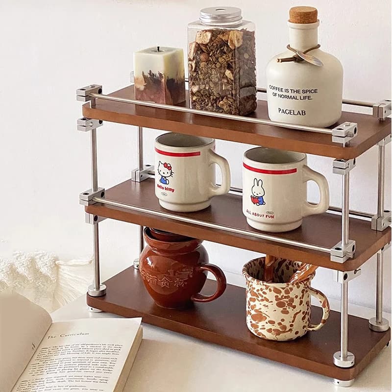Solid Wood Storage Holders Beauty Cup Display Rack Retractable Kitchen Organizer Stand Offee Items Glass Cups Organizers Shelf