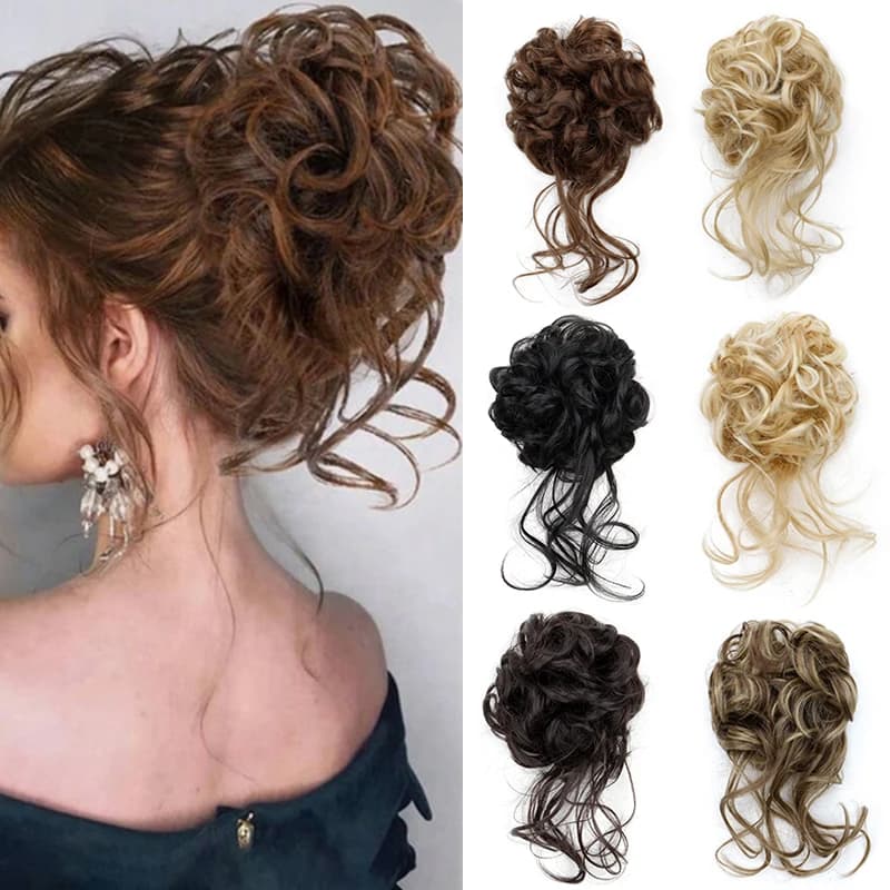 Chignon Sintetico per Donne, Extension per Capelli con Elastico, Resistente al Calore, Nero e Marrone