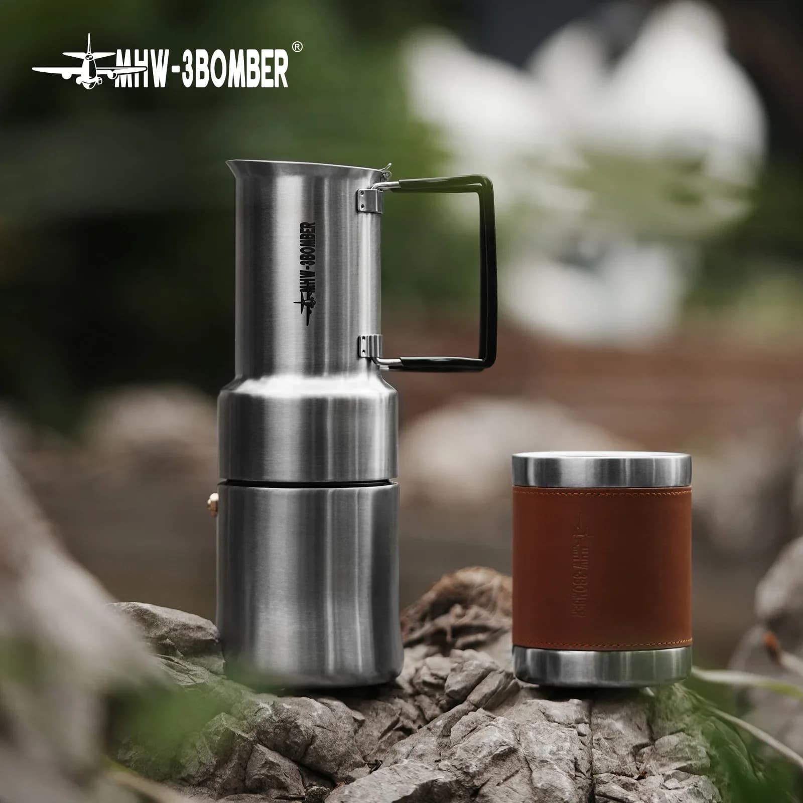 MOKA MHW-3BOMBER MET, caffettiera in acciaio inossidabile da 350 ml, tazza integrata, manico pieghevole, caffettiera da campeggio