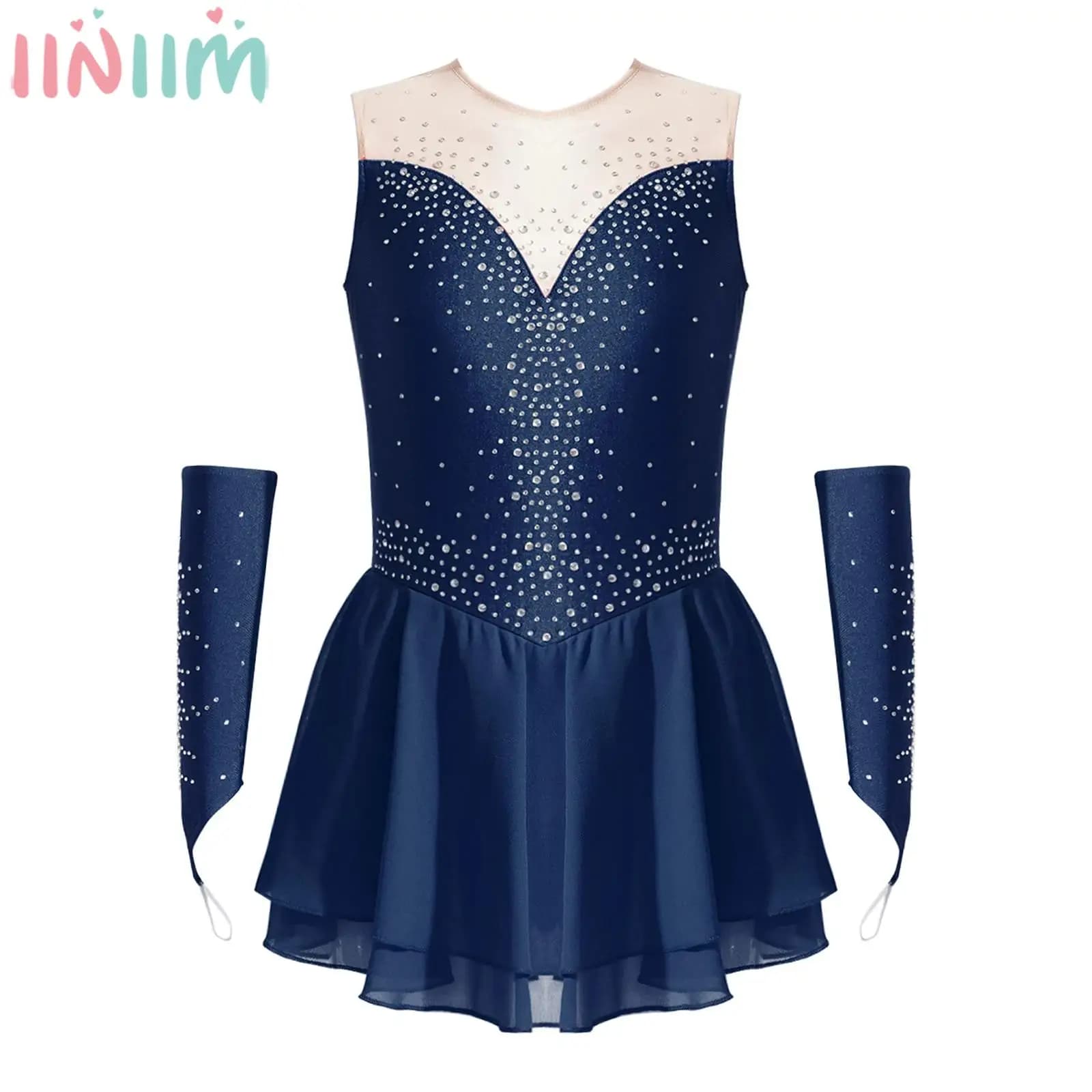 Vestito da pattinaggio di figura per ragazze adolescenti Body con strass lucidi Tutu Dancewear con guanti per ginnastica ritmica Danza lirica Balletto