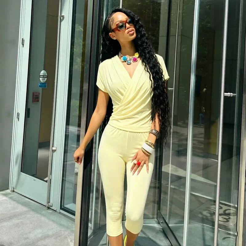 Women Casual Solid 2 Piece Set Ruched Wrap V Neck Short Sleeve T-shirts Tops + Skinny Calf Length Pants Fashion Streetwear Suits
