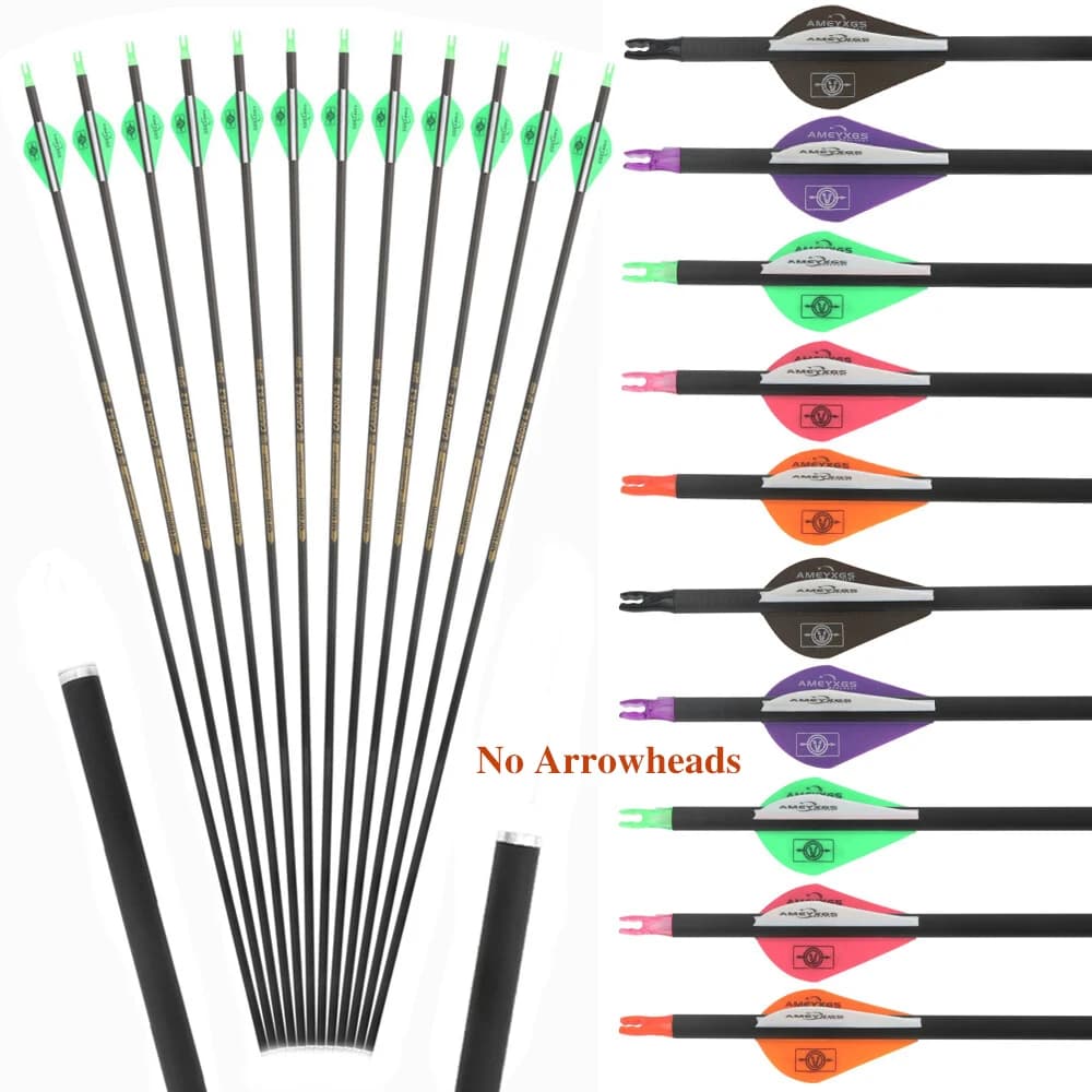 Tiro con l'arco Frecce in carbonio puro 6/12 pezzi 30 pollici 2 "Avanelli senza punte di freccia Arco composto ricurvo Tiro alla colonna vertebrale da caccia 400/500/600/ID6.2mm