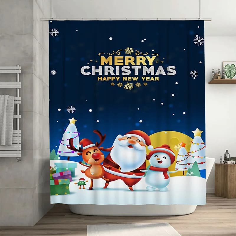 TuniuFestive Decorazioni per il bagno di Natale Babbo Natale Pupazzo di neve Renna Set di tende da doccia Divertimento per le vacanze Sfondo in tessuto impermeabile carino