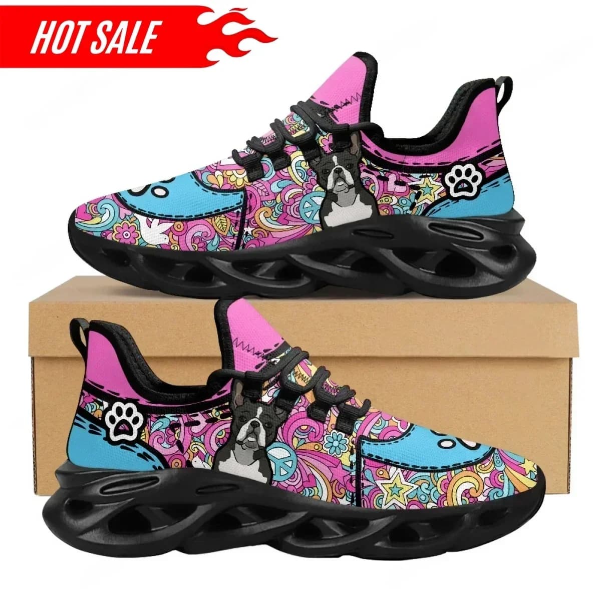 Hot 2025 Casual Shoes For Women French Bulldog Dog Paw Pink Design Ladies Mesh Sneakers Shockproof Light Platform Shoes