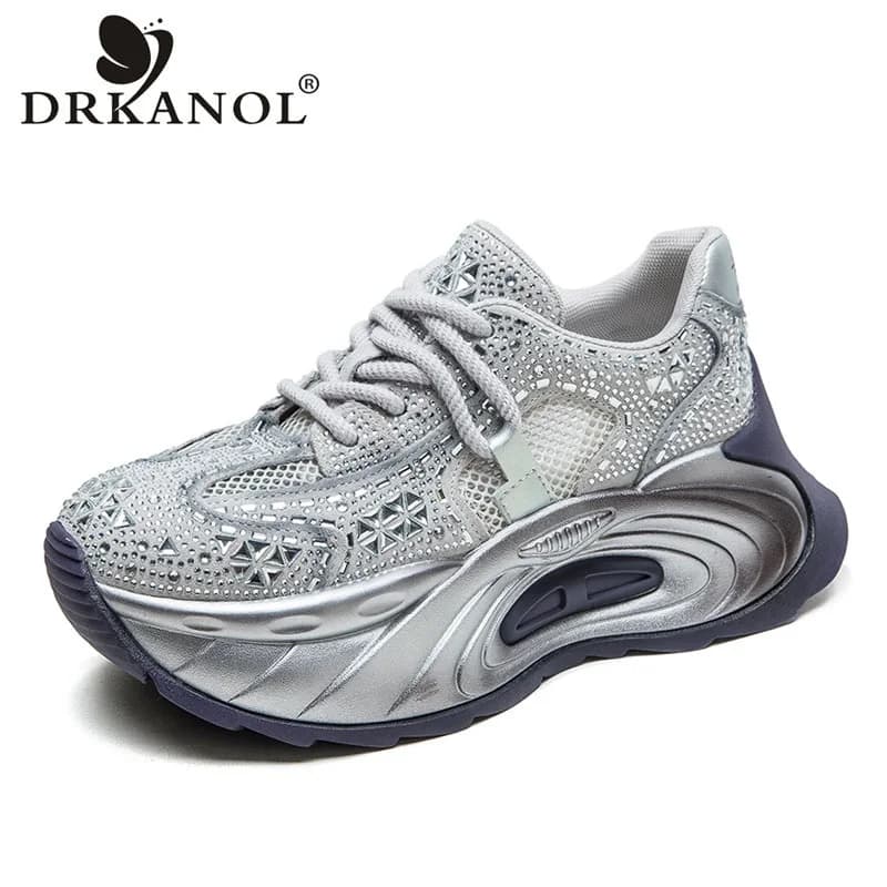 DRKANOL 2026 Summer Platform Casual Sneakers Women Breathable Air Mesh Shoes Thick Sole Shining Rhinestone Dad Shoes H7275-29J