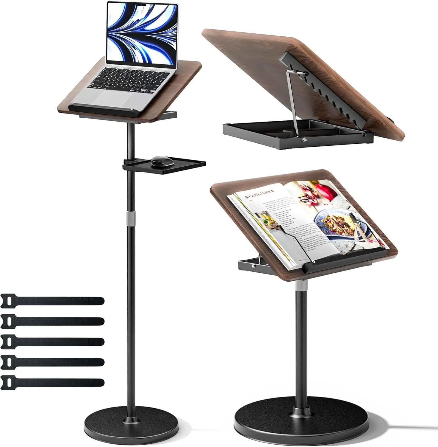 Supporto per Libri 2-in-1 Regolabile: da Pavimento e Scrivania, Altezza 23,5-52 Pollici, Clip Elastiche per Libri, Tablet, Laptop
