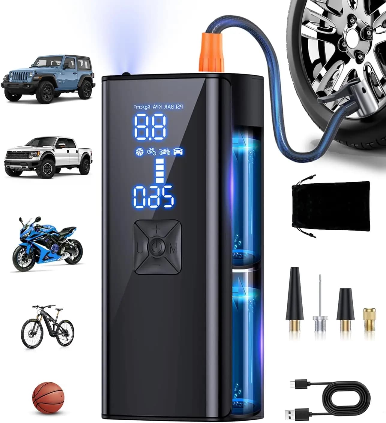 Compressore d'aria portatile, gonfiatore per pneumatici 150PSI con manometro, pompa veloce per auto, moto, palla