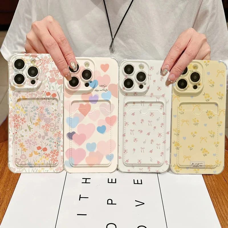 Cute Heart Bow Card Holder Case For Iphone 17 Air 17 Pro Max 16 15 14 12 13 11 Pro Max 16e 15 16 Plus 13 mini Cute Phone Casing