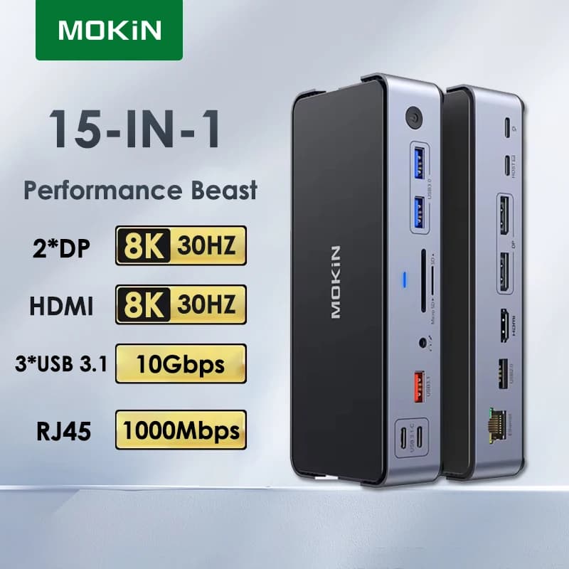 Docking station MOKiN 15 in 1 per MacBook Air/Pro, iPad, laptop Thunderbolt con USB 3.0 HDMI 8K30Hz PD 100W Doppi canali 4K60Hz