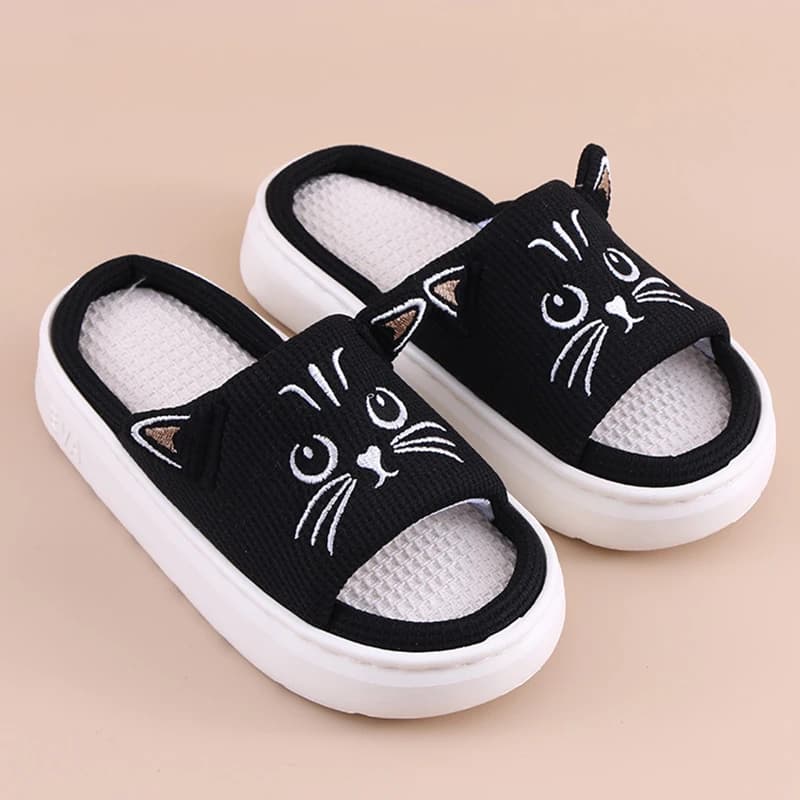 Women's slippers with platform, flat, for home, spring summer, with cat cartoon, design, trend, from interior, soft, non-slip, open toe