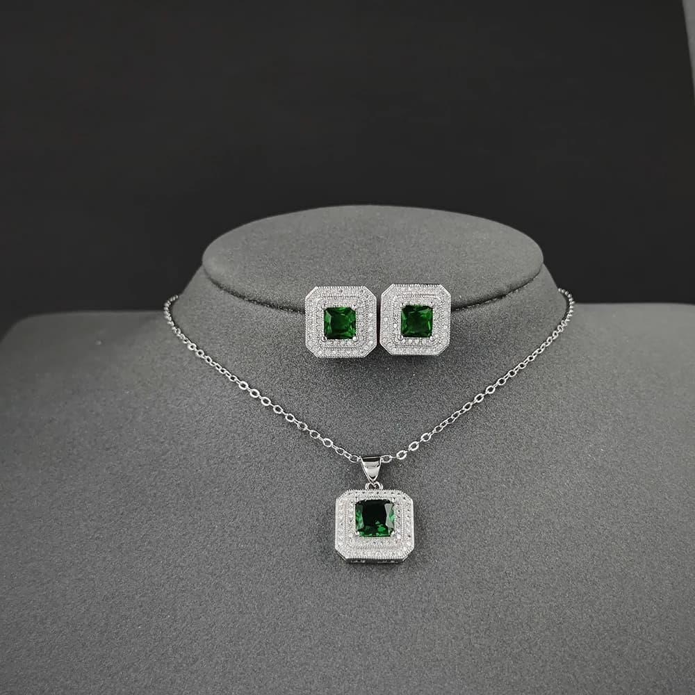 Silver Color Luxury Turkish India African Jewelry Set Zircon Stud Earrings and Necklace Pendant Wedding Gifts E668-x503-green