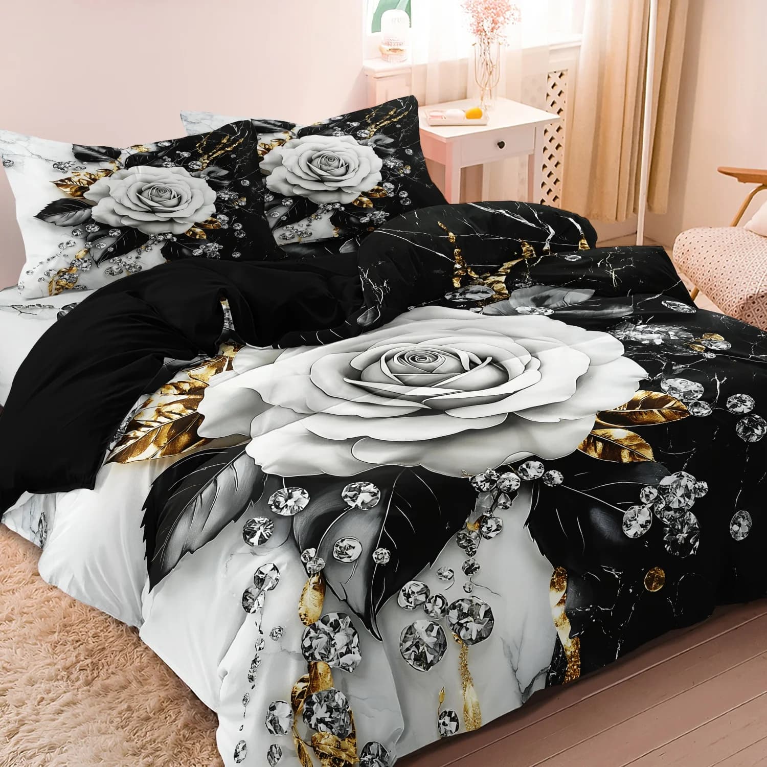 Set copripiumino 3 pezzi con motivi 3D di rose bianche e nere in cristallo, set biancheria da letto morbido, confortevole e traspirante