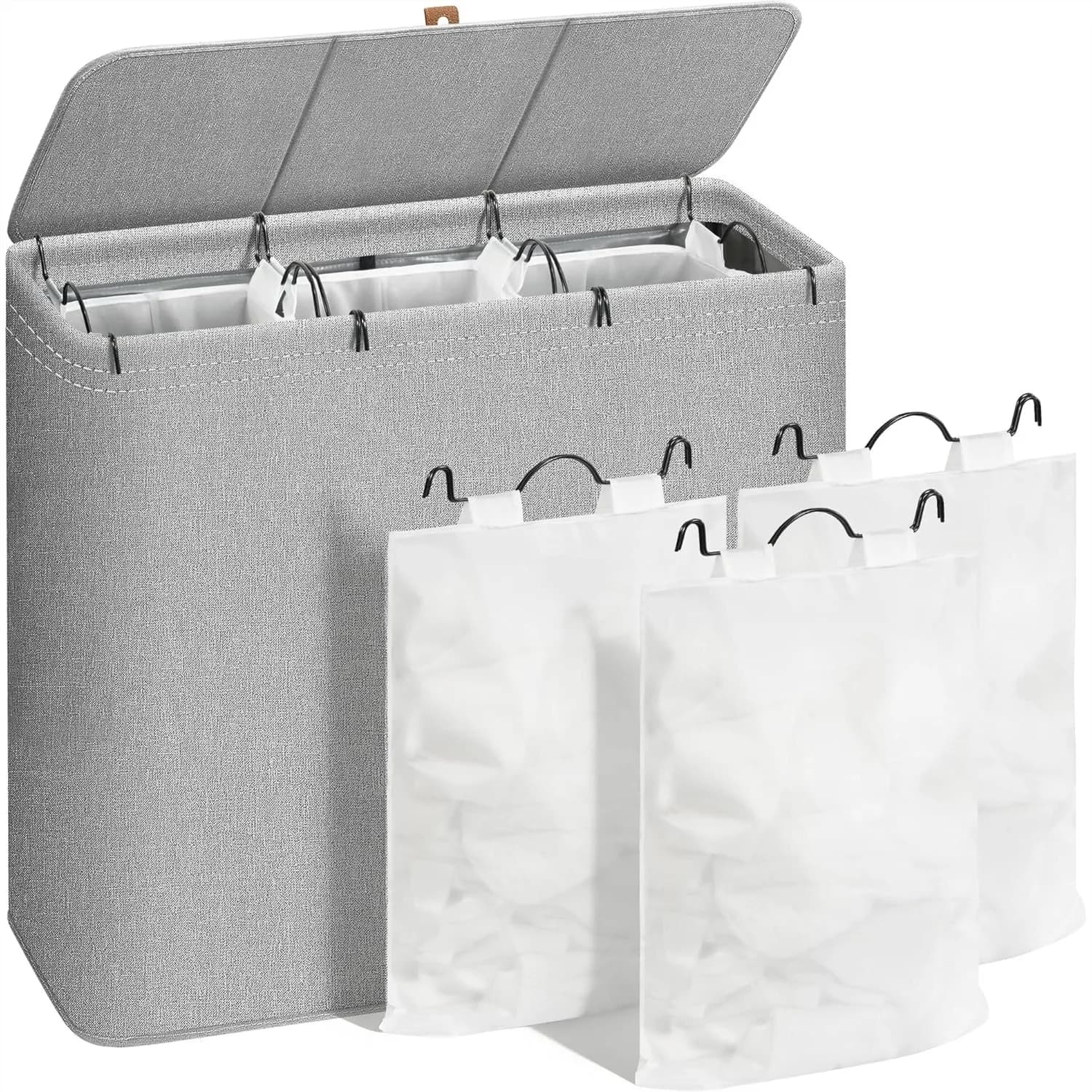 Cesto portabiancheria triplo con coperchio, 180L, alto, con struttura in metallo e sacco rimovibile, grande cesto per vestiti per dormitorio