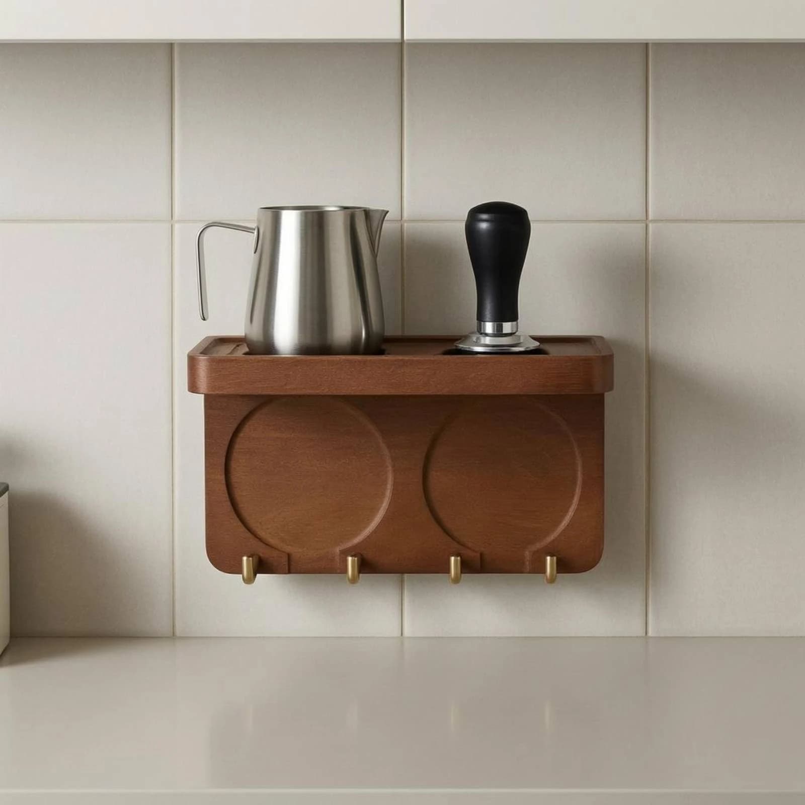 Coffee Tool Rack Metal Hooks Espresso Tool Organizer Wall Mounted Coffee Rack Wooden Wall Mounted Espresso Holder Sturdy