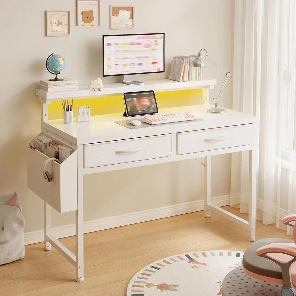 32" Computer Desk with 2Ders and Side ket or Teenagers,Oice Desk with Monitor Stand and LED Lights, Study Writing Table with Ant