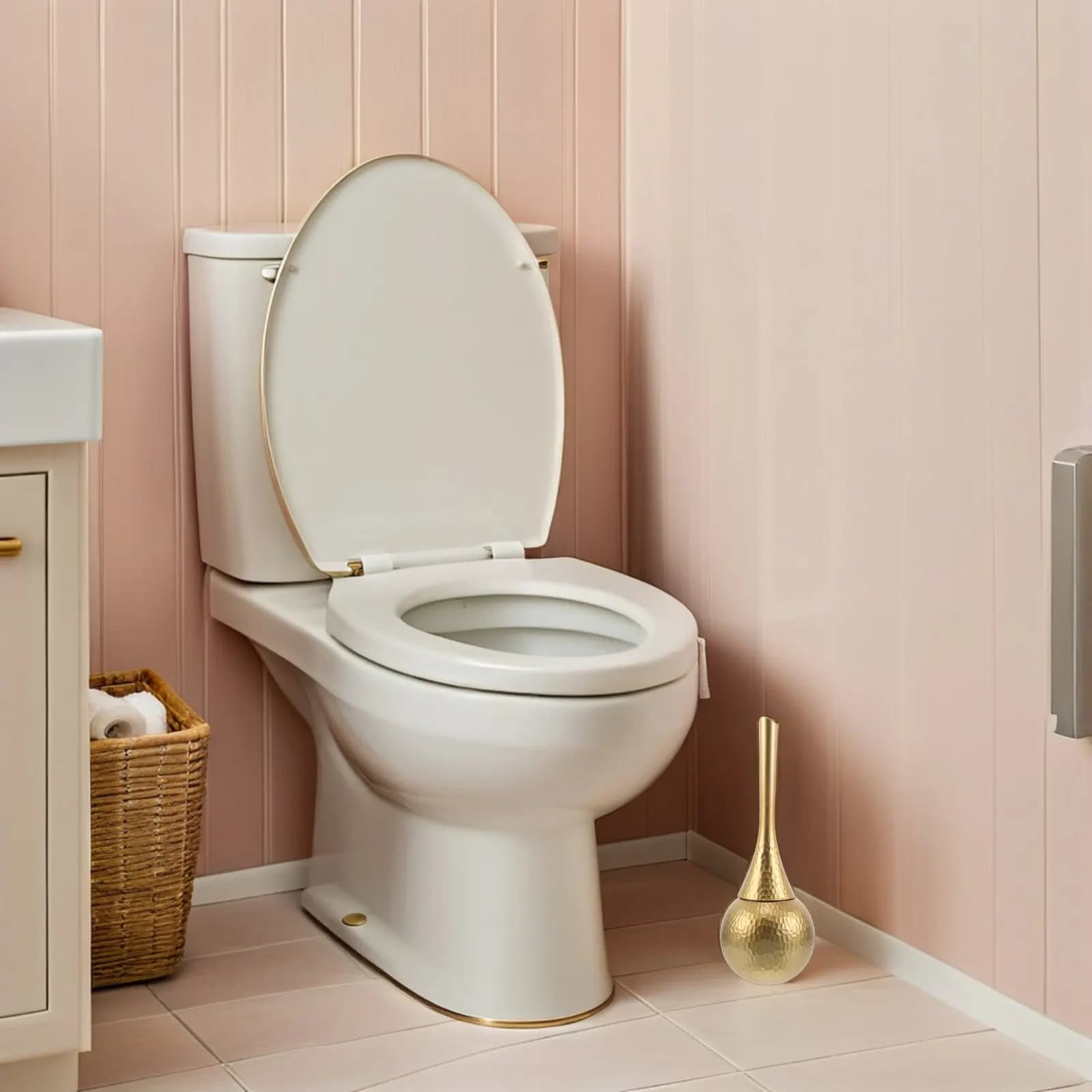 Long Handle Toilet Brush and Holder Set Gold Finish Plastic Bristles Antitip Base Effortless Cleaning Decorative Modern Bathroom