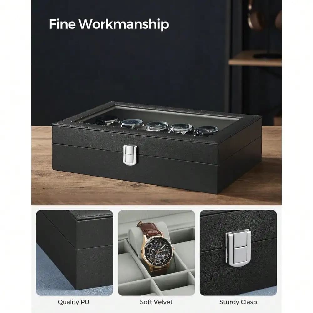 Organizer per orologi nero a 12 scomparti, grande coperchio in vetro con cuscini rimovibili, custodia in pelle sintetica per collezione di orologi, scatola espositiva con rivestimento grigio