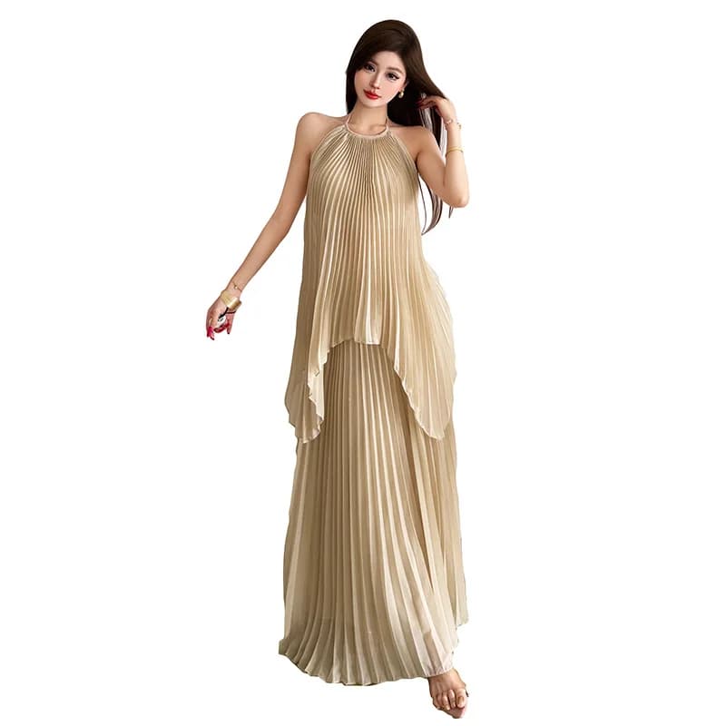 Nuova Collezione Estiva 2026: Top da Donna Elegante con Bretelle, Collo Tondo, Senza Maniche, Tinta Unita, Gonna Ampia a Balze Irregolari - Modello Cw70043