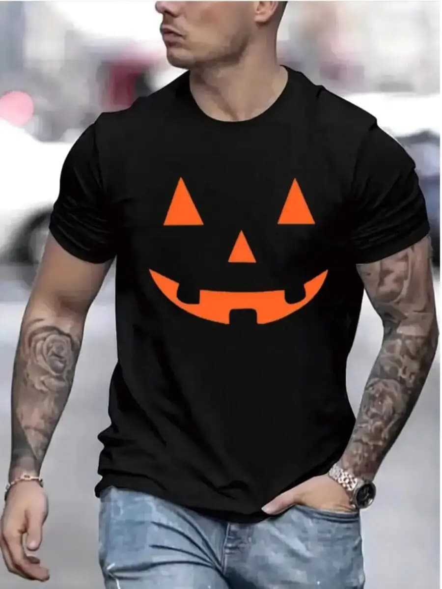 Men T Shirt Black Breathable Pumpkin Face Graphic Print For Halloween Party Daily Wear Outdoor 100% Cotton Trendy Y2K