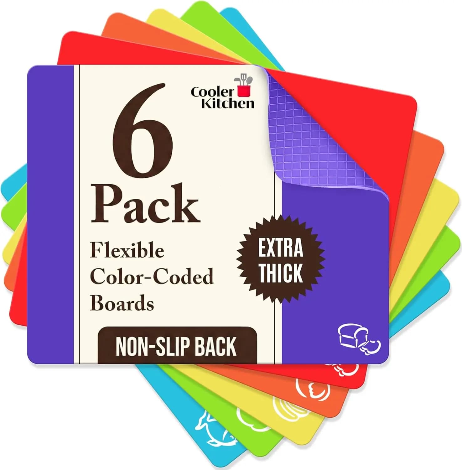 Extra Thick Flexible Plastic Cutting Board Mats, Set of 6 for Kitchen, BPA Free, Non-Slip Waffle Back, Dishwasher Safe Cutting B