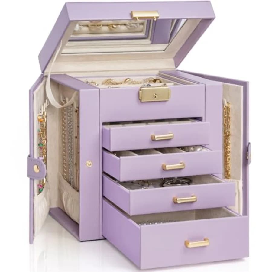 Portagioie a 5 livelli in pelle con 4 cassetti, organizer per gioielli con serratura per donne e ragazze, per anelli, collane, orecchini, bracciali e orologi