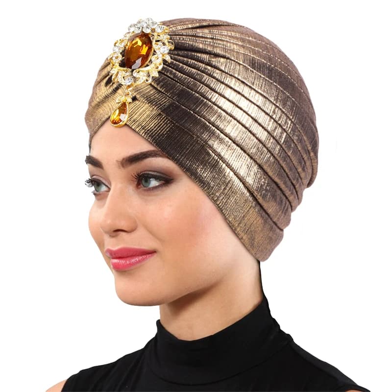 Nuovo berretto turbante metallico con strass per donna Avvolgente per la testa elastico pieghettato Elegante foulard per la testa Ramadan Cofano Chemio Cap Cappello da sposa