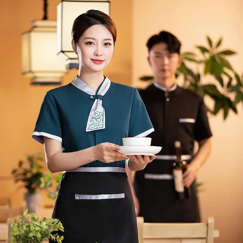 Summer Short Sleeve Workwear for Female Restaurant Staff, Suitable for Chinese Tea House, Western Restaurant & Farmhouse